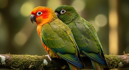 Two colorful parrots perched on a moss covered branch in a lush forest