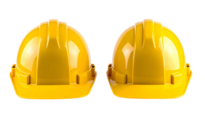 Two glossy, yellow safety helmets side-by-side, digitally rendered against a dark background
