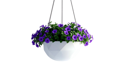 A hanging white geometric planter filled with vibrant purple petunias, against a black background