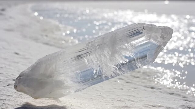 Pristine Raw Clear Quartz Crystal Point on a White Salt Flat with Sparkling Water Background for Spiritual Healing and Meditation