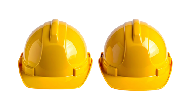 Two identical yellow protective headwear isolated on a black background, facing away