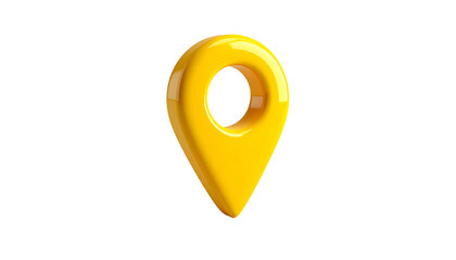 A glossy, yellow 3D location pin floats against a black background