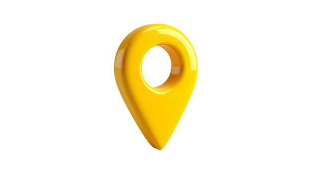 A glossy, yellow 3D location pin floats against a black background