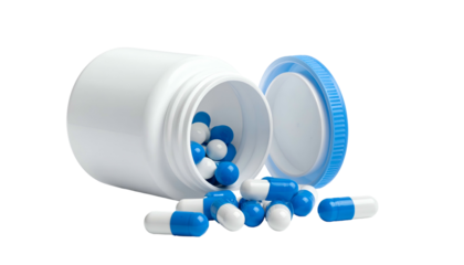 White pill bottle tipped, spilling blue/white capsules; lid off to side