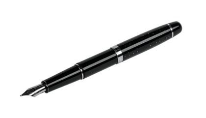 Elegant black fountain pen with silver accents and a detailed, glossy design, isolated