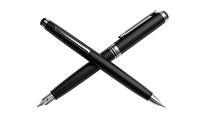 Two crossed black writing instruments, one fountain pen, the other ballpoint, on dark background
