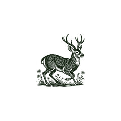 Elegant illustration of a male deer (buck or stag) with large antlers, standing in a field of wildflowers and grass