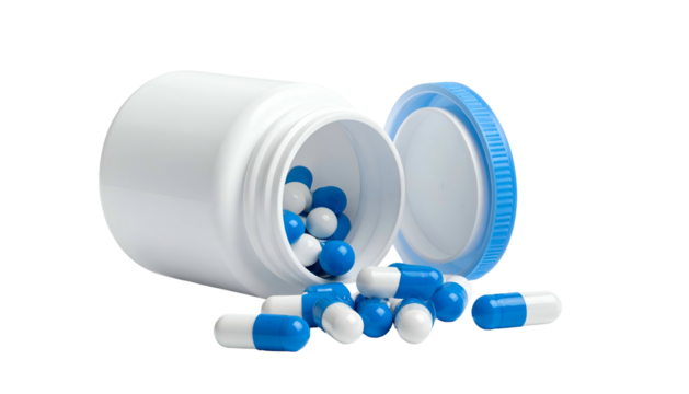 White pill bottle tipped, spilling blue/white capsules; lid off to side