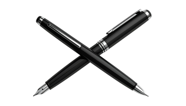 Two crossed black writing instruments, one fountain pen, the other ballpoint, on dark background