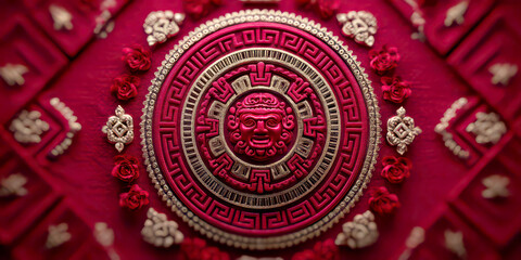 Detailed Red and Gold Aztec Mayan Calendar Stone Inspired Medallion with Flower Border