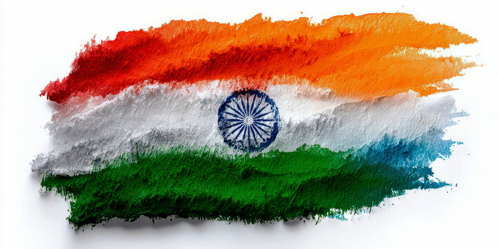 Indian Flag Abstract Brush Stroke Art Made of Vibrant Powder Paint on White Background
