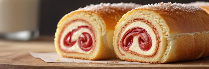 Fototapeta premium Close-up of several delicious cream-filled Swiss roll slices , pastry, background