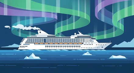 Cruise ship with aurora borealis, and Arctic.