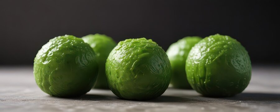 Close-up of vibrant green kusa dango, showcasing its soft texture ,  close-up,  confectionery