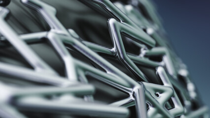 Detailed 3D render of intertwined metallic rods forming an abstract mesh structure