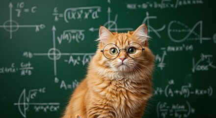 Smart Cat in Front of Blackboard: An orange cat, adorned with spectacles, sits thoughtfully before a blackboard filled with complex mathematical equations.