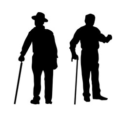 Silhouettes of two elderly men with walking canes isolated on a white background