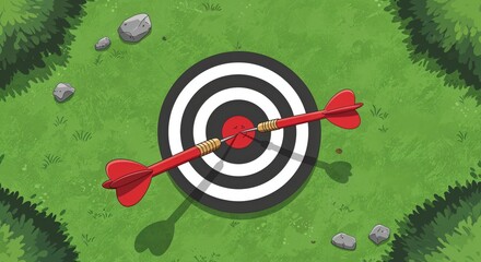 Bullseye Moment: Two darts pierce the heart of the target, signifying precision and achievement, set against the backdrop of a verdant lawn.