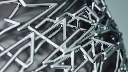Macro shot of a shiny metal lattice network forming a complex polygonal shape