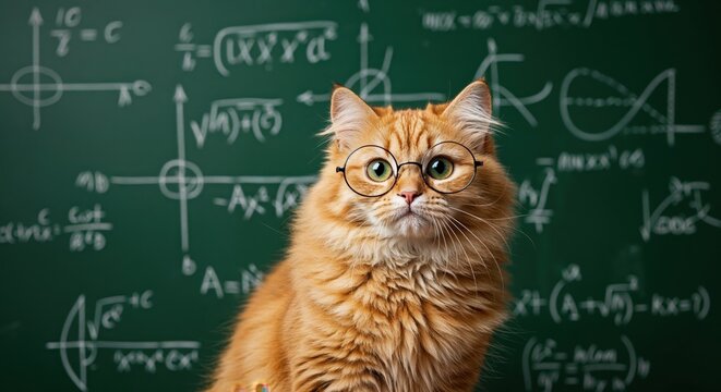 Smart Cat in Front of Blackboard: An orange cat, adorned with spectacles, sits thoughtfully before a blackboard filled with complex mathematical equations.