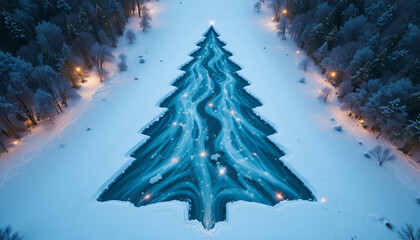 Aerial view of a christmas tree formed by snowcovered ground and lights in a winter forest at night