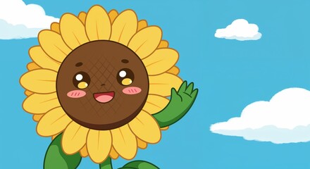 Fototapeta premium Smiling Sunflower: A cheerful animated sunflower with a big smile, waving hello against a bright blue sky with fluffy white clouds, radiating happiness and warmth.