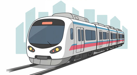 Naklejka premium Urban Transit: A sleek, modern train travels along tracks, embodying efficient urban transport, set against a city silhouette.