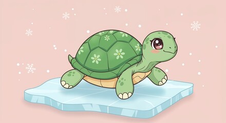 Obraz premium Turtle on ice: A charming cartoon turtle stands proudly on a floating piece of ice, surrounded by snowflakes, perfect for educational content, conveying a sense of adventure and resilience.
