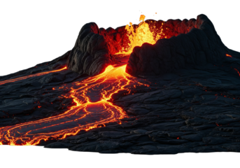 Fiery lava flow descends mountainous volcano under dark night sky striking natural wonder