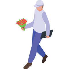 Person Walking Holding a Bouquet of Red and Yellow Flowers and a Tablet Computer in an Isometric View