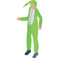 Person Wearing a Green Snake Costume with Red Tongue and Dark Gray Shoes Pointing to the Left Against a Transparent White Background
