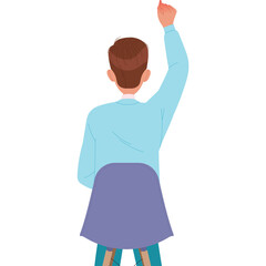Person Wearing A Light Blue Long Sleeved Shirt And Purple Skirt Raising Their Right Hand In A White Background With A Transparent Background