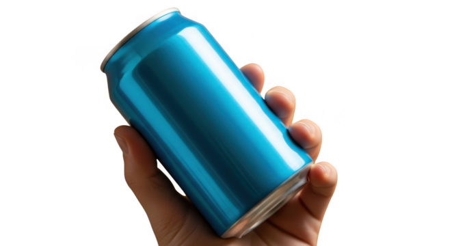 Hand holding blue aluminum can isolated on transparent background