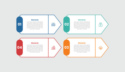 4 elements infographic comparison diagram with arrow box container with round rectangle badge on side with 4 step for slide presentation