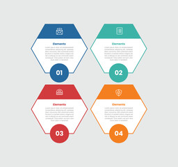 4 elements infographic comparison diagram with unbalance hexagon with top and bottom badge with 4 step for slide presentation