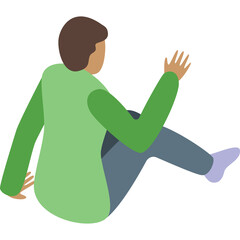 Person sitting in a relaxed pose wearing a green long sleeve shirt and blue pants with a white sock and reaching out their hand with a brown background