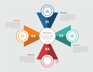 4 elements infographic comparison diagram with circle center with triangle centered direction with circle badge with 4 step for slide presentation