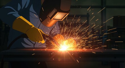 Welding Spark: A skilled welder at work, sparks fly as a welding torch fuses metal, showcasing industrial precision and craftsmanship.