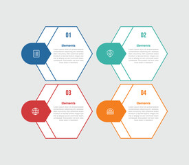 4 elements infographic comparison diagram with hexagon shape with line combination with round arrow badge with 4 step for slide presentation