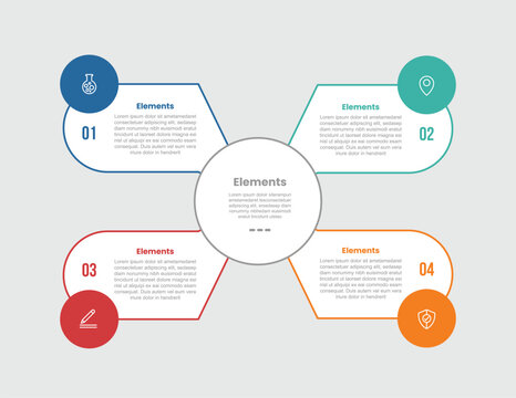4 elements infographic comparison diagram with big circle center with spreading box container on quadrant structure with circle badge with 4 step for slide presentation