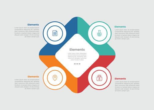 4 elements infographic comparison diagram with rhombus diamond shape with circle badge side on quadrant structure with 4 step for slide presentation
