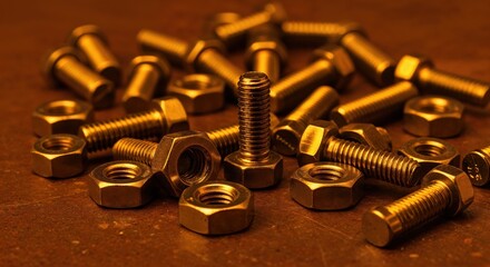 Bolts and Nuts: A close-up view of a collection of bolts and nuts arranged on a surface, highlighting the intricate details of the metal fasteners and the interplay of light and shadow.