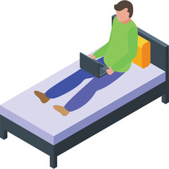 Person Sitting On Bed With Laptop Green Shirt Blue Pants Neutral Background Isometric Style Illustration