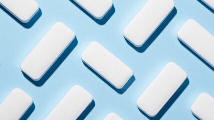 shallow. White tablets arranged in a geometric pattern on a light blue surface. STEM education sheets, lab safety posters, designed for biotech research communications, used by art directors.