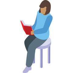 Person Sitting On Stool Reading Red Book Light Blue Long Sleeve Shirt Gray Pants White Background Isometric View