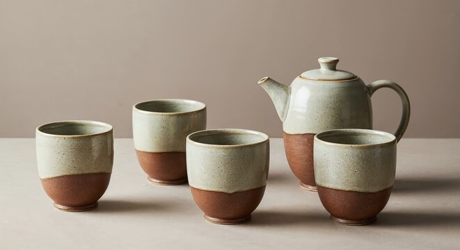 Tea Ceremony Ensemble: A minimalist collection of handcrafted ceramic tea set in soft, earthy tones. Designed to evoke serenity and simplicity, it embodies a moment of calm.