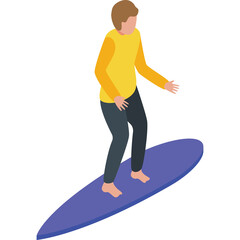 Person Surfing on a Blue Board Against a White Background in Casual Yellow Top and Dark Pants