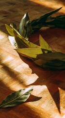 laurel. A wreath of laurel leaves in natural sunlight against a soft background. gardening catalogs, home-decor guides, designed for home decor and floral branding, used by videographers.
