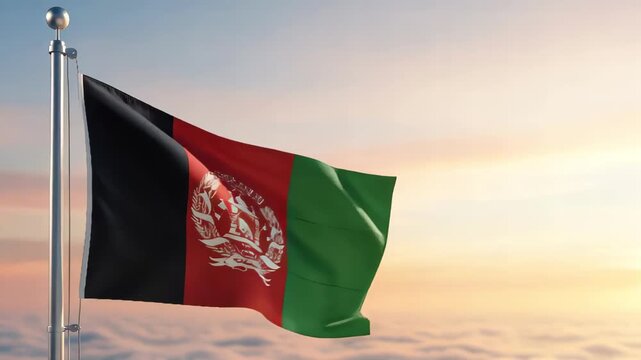 National flag of afghanistan nation waving on the wind with a beautiful sunset on the background, banner of the country
