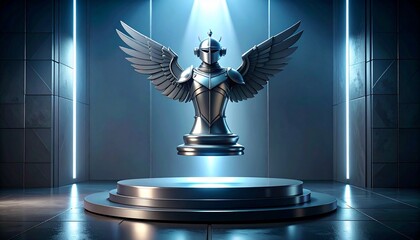 Glowing Futuristic Winged Knight Sculpture Hovering on an Illuminated Display Podium